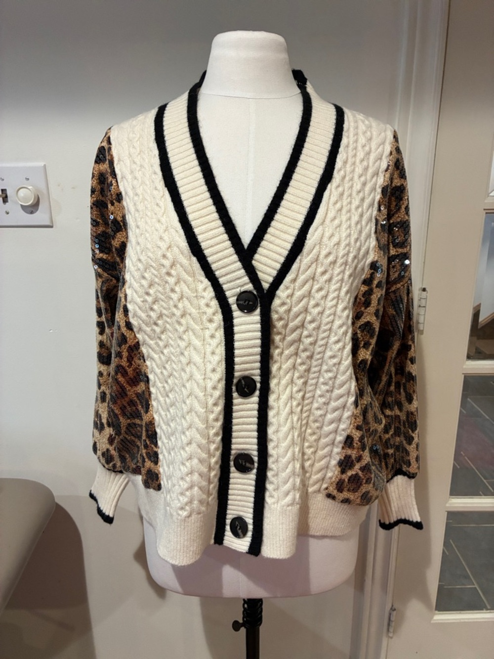 Elle Ivory Cable Knit Cardigan with Leopard Print Sleeves
